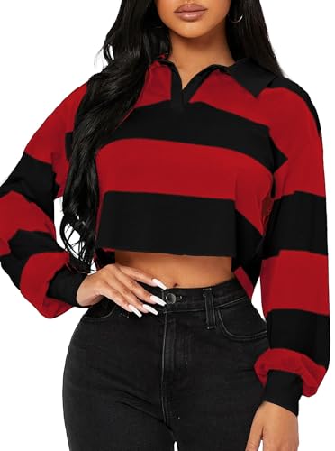 LovelyWholesale Gestreifte Cropped-Sweatshirts für Damen, Polokragen, Rot, schwarz, Groß LovelyWholesale Gestreifte Cropped-Sweatshirts für Damen, Polokragen, Rot, schwarz, Groß von LovelyWholesale