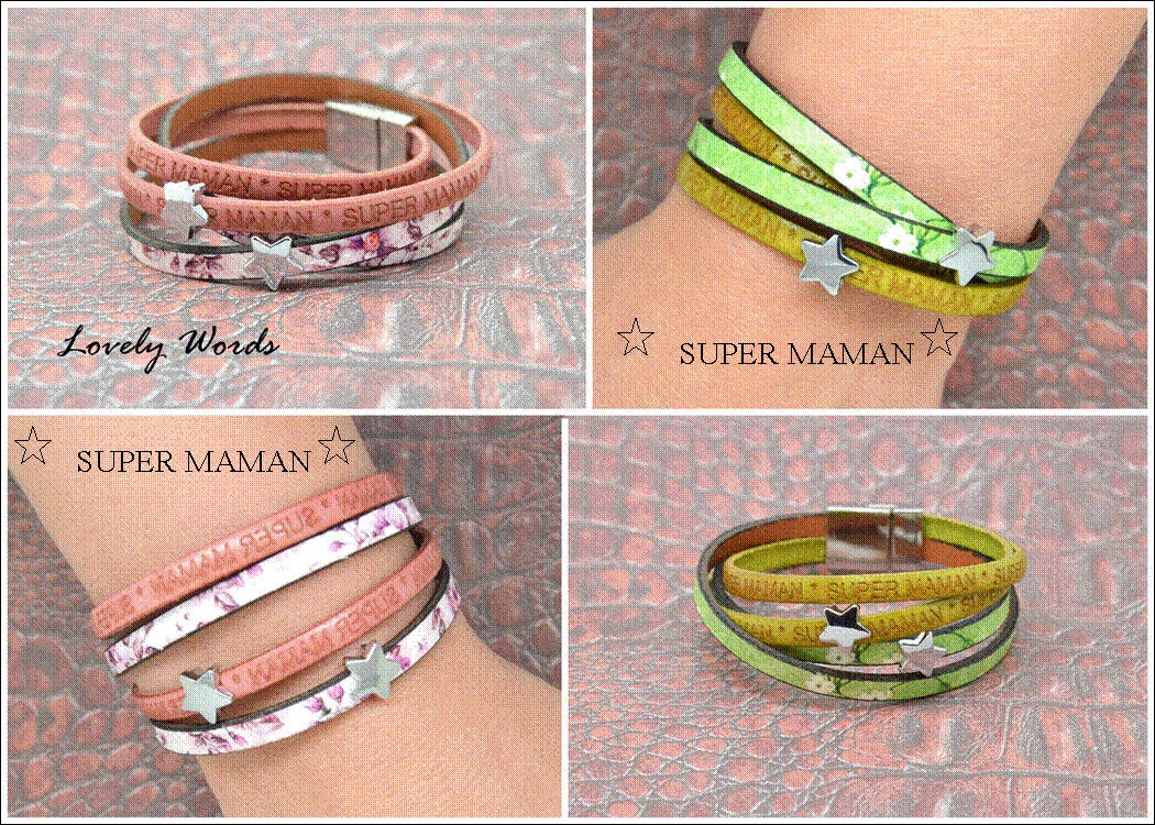 Damenarmband, 2 Leder, Breite 5mm, Blumenmuster, Text Super Maman, Sternperle, Silbermetall, Magnetverschluss Damenarmband, 2 Leder, Breite 5mm, Blumenmuster, Text Super Maman, Sternperle, Silbermetall, Magnetverschluss von LovelyWordsBoutique