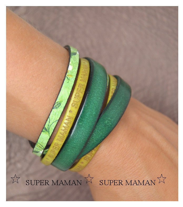 Damenarmband, 3 Grüne Leder, Super Maman, Silbernes Metall, Magnetschließe von LovelyWordsBoutique