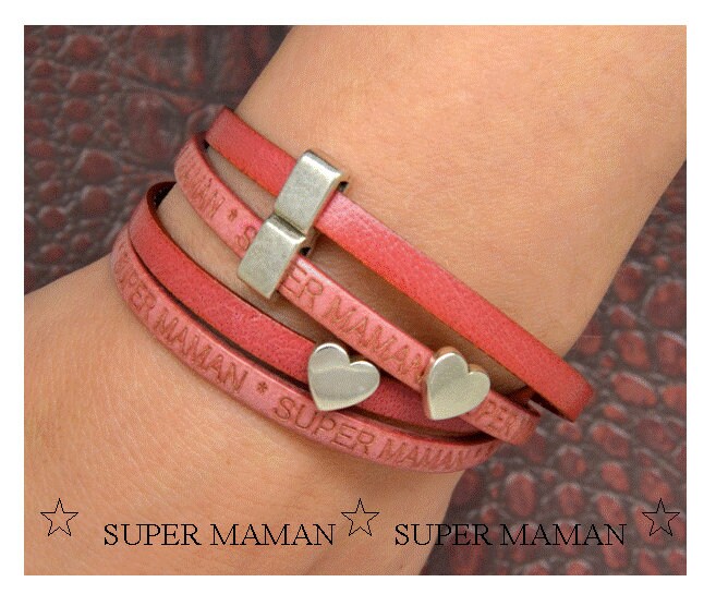 Damenarmband, Rosa Leder, Super Mom-Botschaft, Herzperle, Magnetverschluss, Silbernes Metall Damenarmband, Rosa Leder, Super Mom-Botschaft, Herzperle, Magnetverschluss, Silbernes Metall von LovelyWordsBoutique