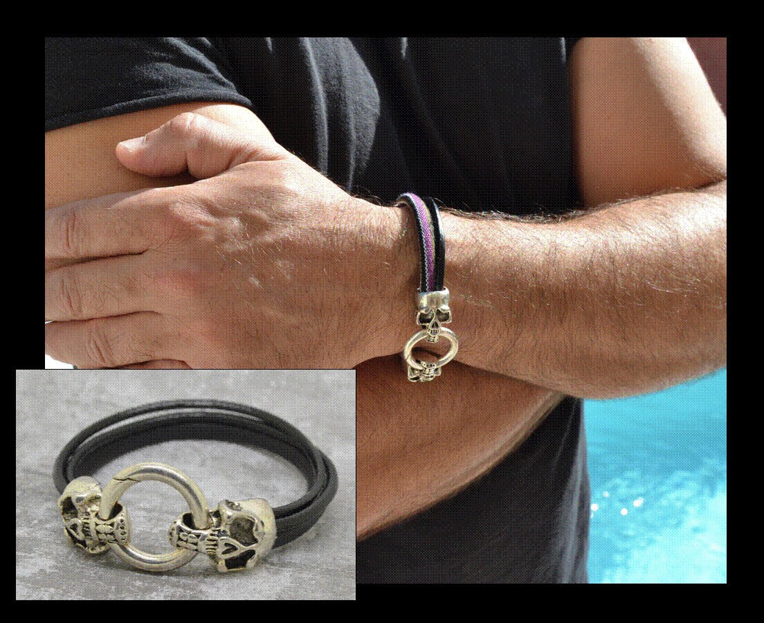 Herrenarmband, Braunes Und Violettes Leder, Totenkopf, Original Schädel Verschluss, Silbermetall, Motorrad-Biker Herrenarmband, Braunes Und Violettes Leder, Totenkopf, Original Schädel Verschluss, Silbermetall, Motorrad-Biker von LovelyWordsBoutique