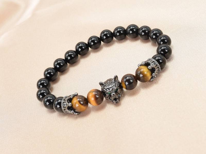 8mm Handgemachte Onyx Mit Leopard Kopf Edelstein Stretch Armband, Heilung Armbänder, Herren Armbänder | 7, 5 Zoll von Lovelybeadllc