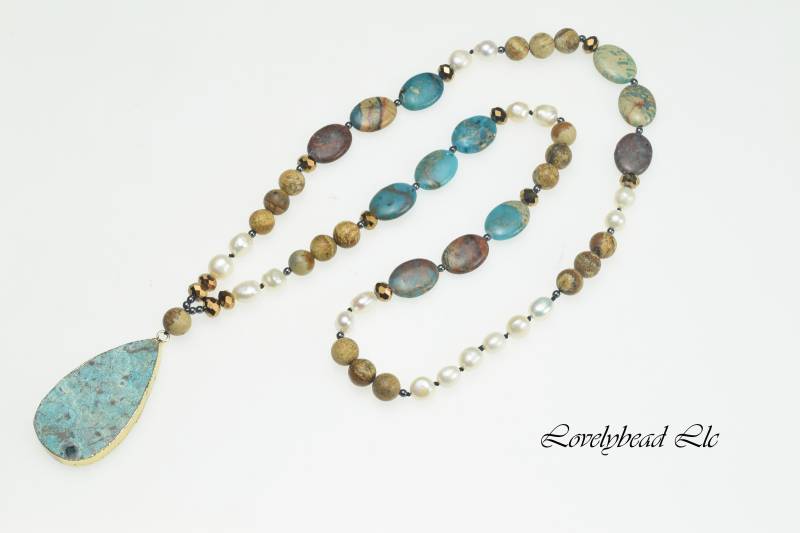 Schöne Perle Handgemachte Bilder Jaspis, Imperial Süsswasser Zuchtperlen, Runde Echte Stein Halskette Mit Jaspis Anhänger von Lovelybeadllc