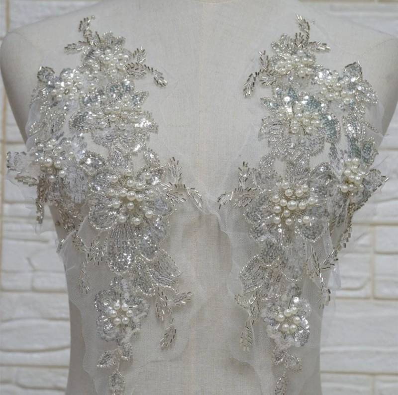1 Paar Perlen Blumen Stickerei Spitze Applikation Patch, Brautkleid Spitzen Applikation, Abendkleid Gestickte Applikationen 1 Paar Perlen Blumen Stickerei Spitze Applikation Patch, Brautkleid Spitzen Applikation, Abendkleid Gestickte Applikationen von LovelylaceStore