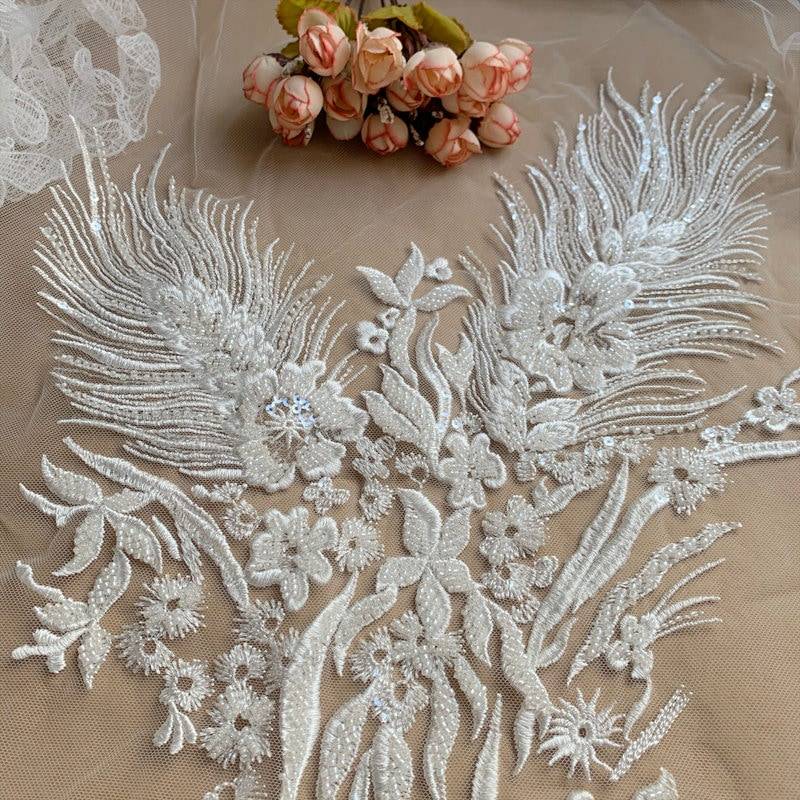 Weiße Perle Perlenstickerei Spitze Applikation Patch, Brautkleid Applikation, Große Größe Abendkleid Gestickte Applikationen Weiße Perle Perlenstickerei Spitze Applikation Patch, Brautkleid Applikation, Große Größe Abendkleid Gestickte Applikationen von LovelylaceStore