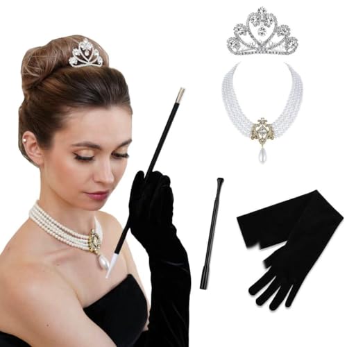 Lpvelyshop Klassisches Hollywood-Kostüm-Zubehör-Set für Frauen in Halloween, Perlenkette mit Kristall-Brosche, Tiara-Krone, schwarze Handschuhe, lange Zigarettenspitze Lpvelyshop Klassisches Hollywood-Kostüm-Zubehör-Set für Frauen in Halloween, Perlenkette mit Kristall-Brosche, Tiara-Krone, schwarze Handschuhe, lange Zigarettenspitze von Lovelyshop