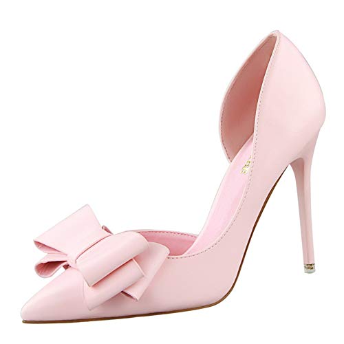 Damen Bogenknoten Spitze Geschlossene Zehen Stilettos PU Oberfläche High Heel Slip On Kleid Pumps für Party Wedding Night Club 10.5 cm von Lovelysi