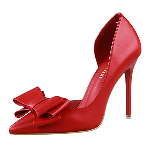Damen Bogenknoten Spitze Geschlossene Zehen Stilettos PU Oberfläche High Heel Slip On Kleid Pumps für Party Wedding Night Club 10.5 cm von Lovelysi