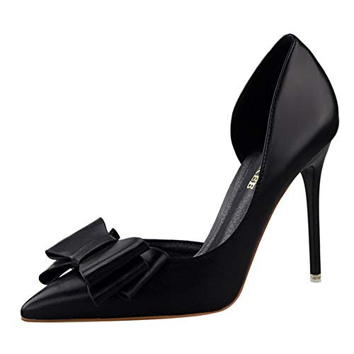 Damen Bogenknoten Spitze Geschlossene Zehen Stilettos PU Oberfläche High Heel Slip On Kleid Pumps für Party Wedding Night Club 10.5 cm von Lovelysi