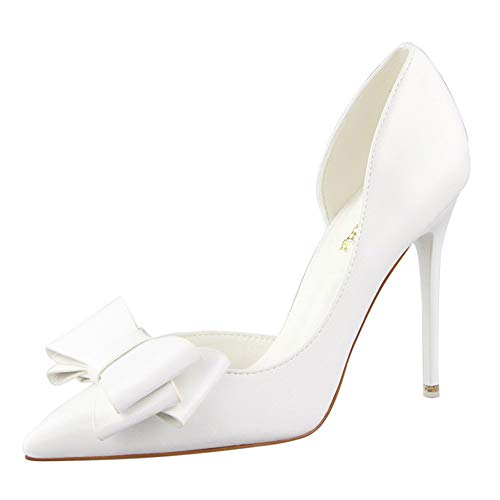 Damen Bogenknoten Spitze Geschlossene Zehen Stilettos PU Oberfläche High Heel Slip On Kleid Pumps für Party Wedding Night Club 10.5 cm von Lovelysi