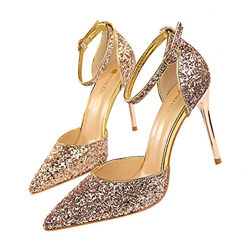 Frau Mode Pailletten Spitze Pumps Fesselriemen Mit Pfennigabsatz Lack Zu Arbeiten Leben 9,5CM 7,5CM Optional von Lovelysi