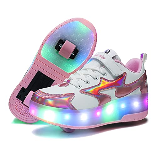 Lovelysi Unisex Jungen Mädchen LED Licht Skateboardschuhe mit Rollen Drucktaste Einstellbare Rollerblades,USB Wiederaufladbar,Inline Skates,Outdoor Sport Gymnastik Running Sneaker von Lovelysi