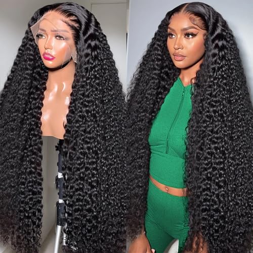 Lovelyworld Echthaar-Perücken mit tiefen Wellen und Spitze vorne, Dichte 200, 13 x 4 Hd mit tiefen Locken, für Damen (86 cm), Schwarz von Lovelyworld