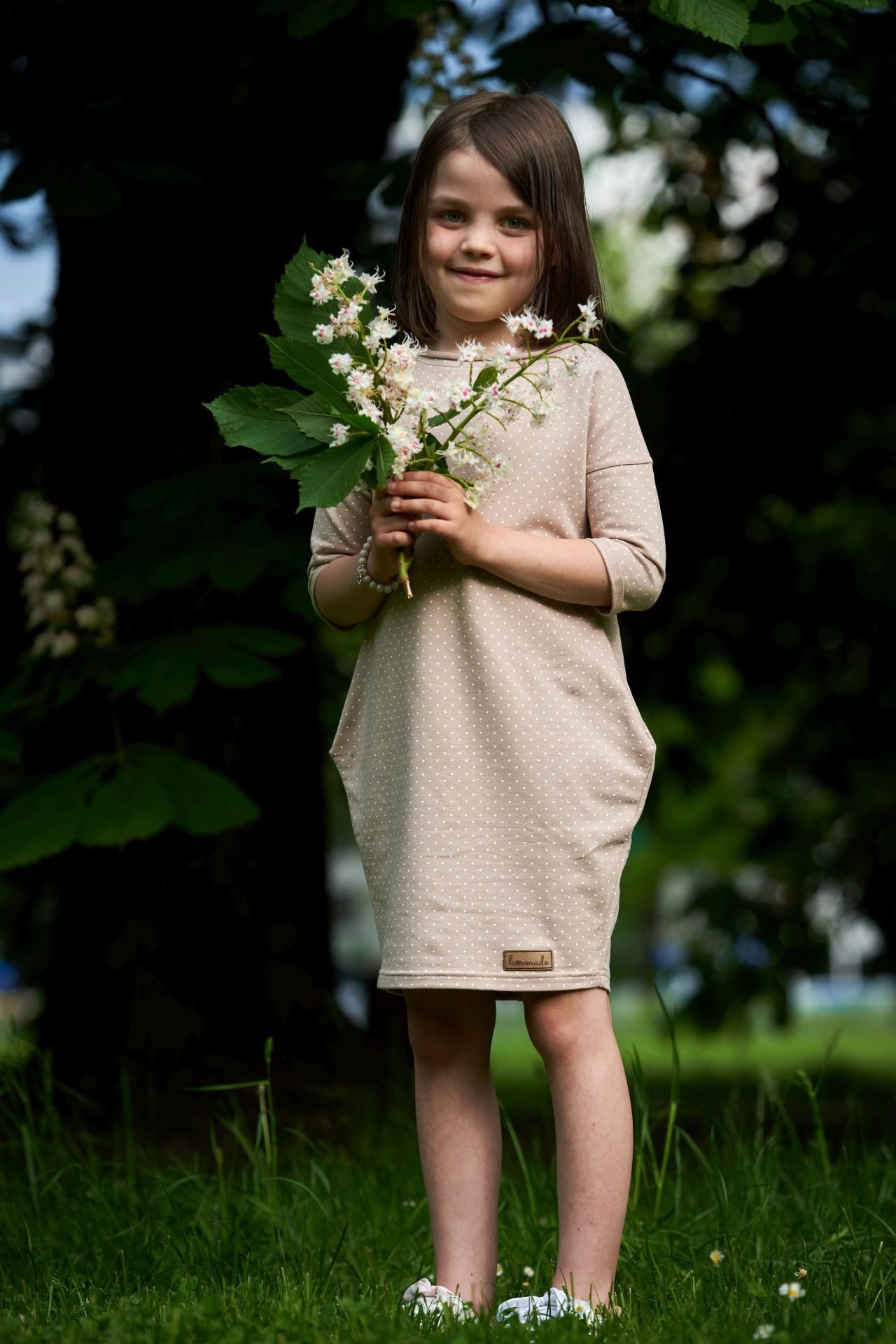 Mädchen Tunika Kleid Mit Taschen - Beige With Dots von LovemadePL