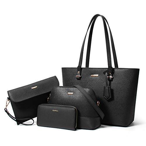 Frauen Mode Kunstleder Handtaschen Tote Tasche Schultertasche Top Griff Satchel Geldbörse Set 4pcs, Schwarz, Large von Lovematch