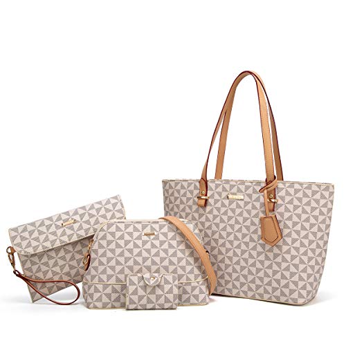 Lovematch Modische Damen-Handtaschen aus Kunstleder, Tragetasche, Schultertasche, Tragegriff oben, 4-teiliges Set, Beige-Gitter-A von Lovematch