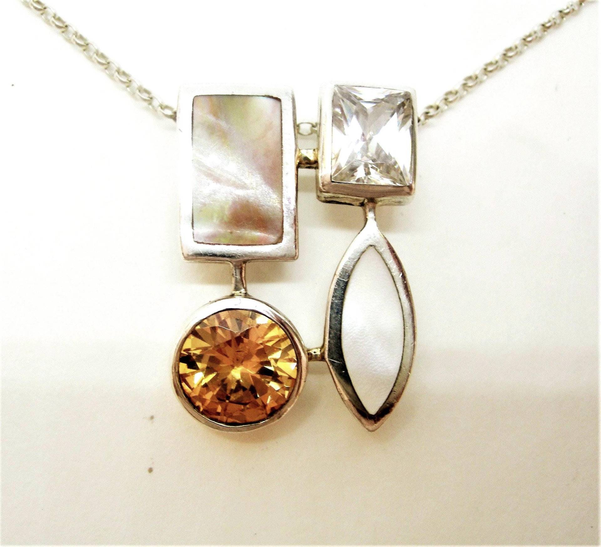 Modernist Silber Anhänger Halskette Avantgarde Perlmutt von Lovenna