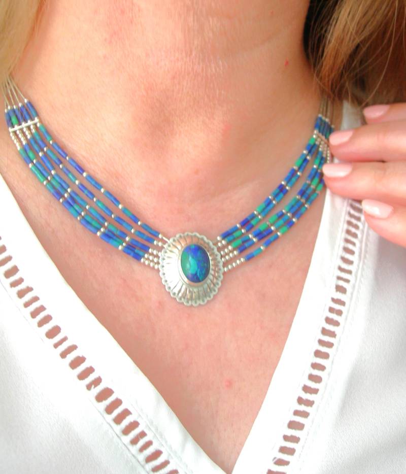 sterling Silber Chrysocolla Bib Halskette Vintage von LovennaBoutique