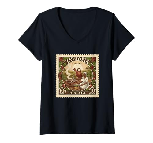 Damen Briefmarken Coffee Collector Stamps Vintage Postage Stamp Äthiopien T-Shirt mit V-Ausschnitt Damen Briefmarken Coffee Collector Stamps Vintage Postage Stamp Äthiopien T-Shirt mit V-Ausschnitt von Loves Stamp Collecting