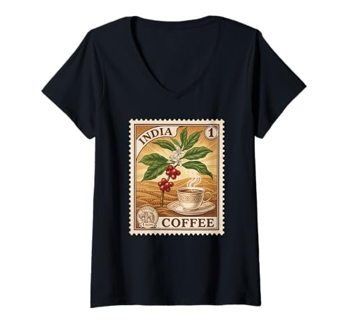 Damen Briefmarken Coffee Collector Stamps Vintage Postage Stamp India T-Shirt mit V-Ausschnitt Damen Briefmarken Coffee Collector Stamps Vintage Postage Stamp India T-Shirt mit V-Ausschnitt von Loves Stamp Collecting