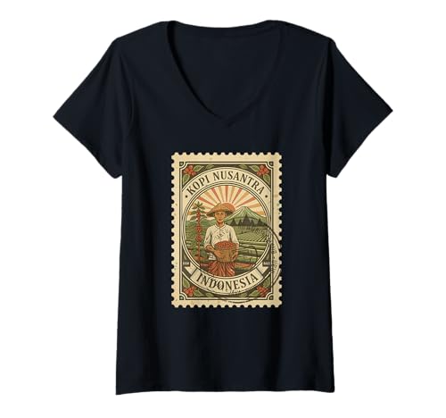 Damen Briefmarken für Kaffeesammler, Vintage-Stil, Indonesien T-Shirt mit V-Ausschnitt Damen Briefmarken für Kaffeesammler, Vintage-Stil, Indonesien T-Shirt mit V-Ausschnitt von Loves Stamp Collecting