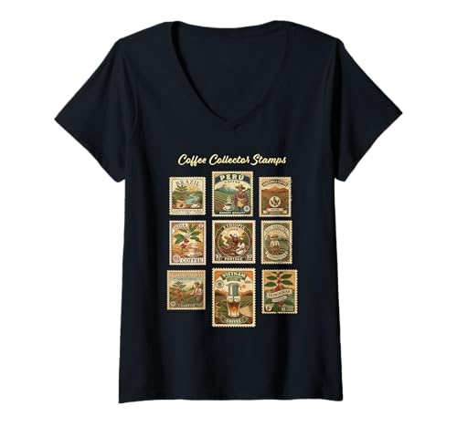 Damen Briefmarken mit Kaffeesammlern, Vintage-Stil, international T-Shirt mit V-Ausschnitt Damen Briefmarken mit Kaffeesammlern, Vintage-Stil, international T-Shirt mit V-Ausschnitt von Loves Stamp Collecting