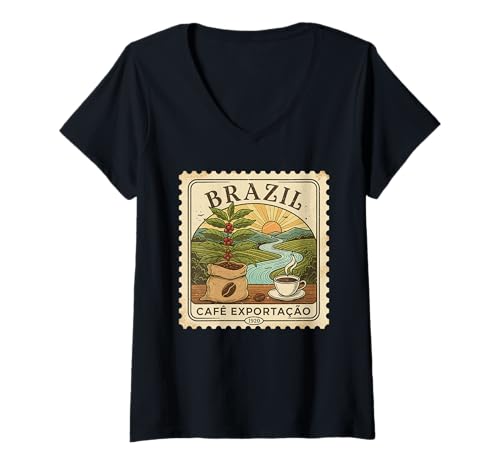 Damen Coffee Collector Stamps Vintage Briefmarke Brasilien T-Shirt mit V-Ausschnitt Damen Coffee Collector Stamps Vintage Briefmarke Brasilien T-Shirt mit V-Ausschnitt von Loves Stamp Collecting