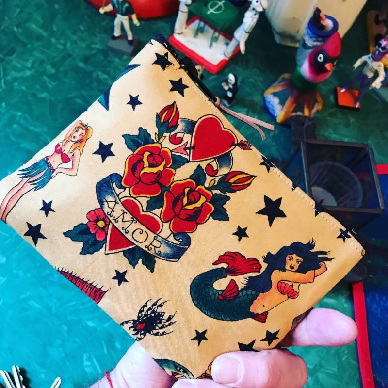 Love Shine Sailor Jerry Tattoo Print Cotton 7 "Beutel, Münzgeldbeutel, Make Up Kosmetiktasche von Loveshine