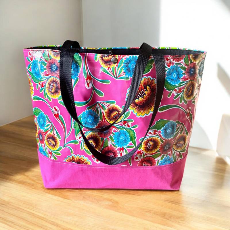 Pink Blumen Wachstuch Strandtasche Große Canvas Getrimmte Tasche von Loveshine