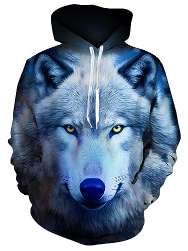 Loveternal 3D Blau Wolf Hoodie Herren Kapuzenpul Coole Pullover Langarm Fleece Sweatshirt für Teen Damen Manner M von Loveternal