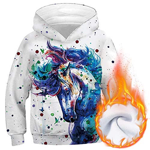 Loveternal 3D Druck Hoodie Kinder Farbiges Pferd Kapuzenpullover Langarm Casual Sweatshirt für Jungen Mädchen Schwarz XL von Loveternal