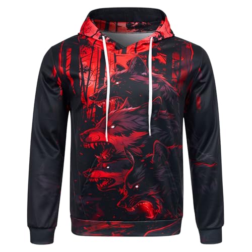 Loveternal 3D Druck Hoodies Rot Wolf Kapuzenpullover Langarm Tops Leichte Sweatshirts Mit Taschen M von Loveternal