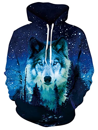 Loveternal 3D Sternen Wolf Hoodie Herren Kapuzenpul Coole Pullover Langarm Fleece Sweatshirt für Teen Damen Manner M von Loveternal