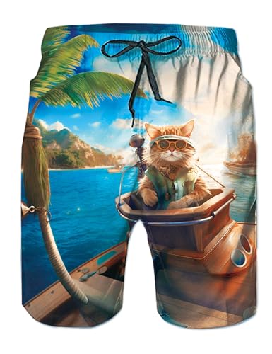 Loveternal Badehose Herren 3D Lustig Katze Surfen Schnelltrocknend Boardshorts mit Mesh-Futter und Verstellbarem Tunnelzug L von Loveternal