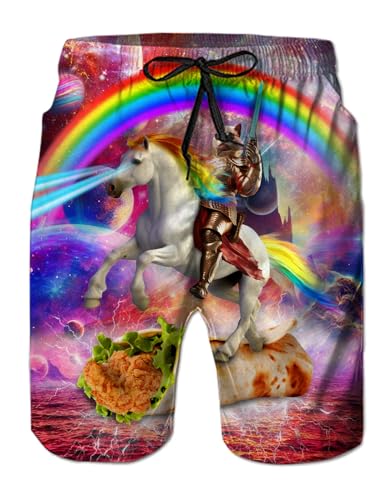 Loveternal Badehose Herren 3D Lustig Ritterkatze Regenbogenpferd Schnelltrocknend Boardshorts mit Mesh-Futter und Verstellbarem Tunnelzug L von Loveternal