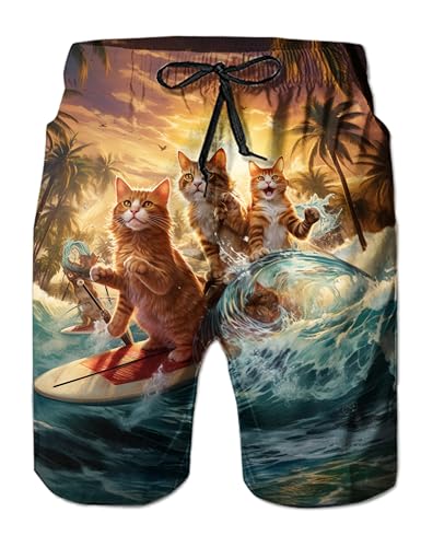 Loveternal Badehose für Herren Jungen Badeshorts für Männer Kurz 3D Lustig Katze Surfen Schnelltrocknend Beachshorts Boardshorts Strand Shorts mit Mesh-Futter und Verstellbarem Tunnelzug XL von Loveternal