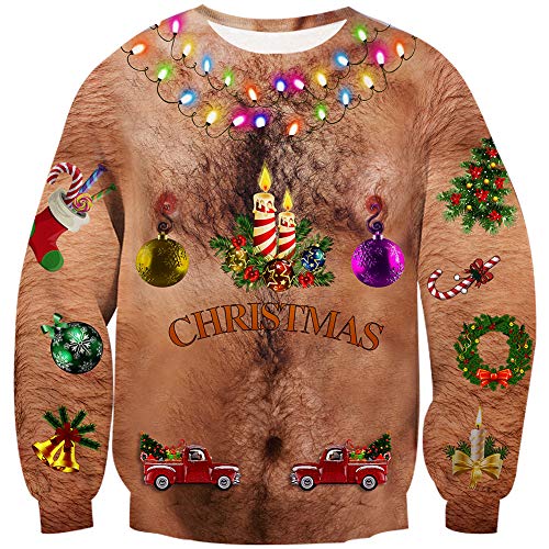 Loveternal Christmas Hemd Unisex Ugly Sweater 3D Druck Hässliche Weihnachtspullover Langarm Xmas Pullover Hairy Chest Jumper M von Loveternal