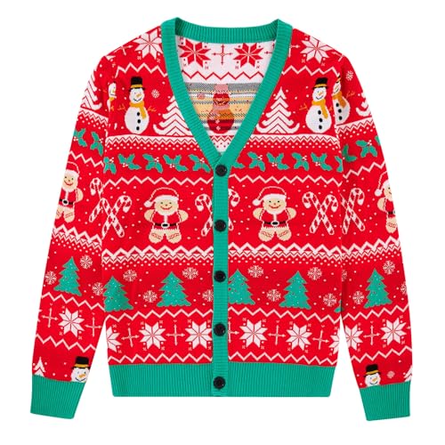 Loveternal Christmas Pullover Herren Ugly Weihnachts Strickjacke Mit V-Ausschnitt Unisex Xmas Sweater Hässliche Neuheit Cardigan Pärchen Partner Strickpullover für Männer Rot M von Loveternal
