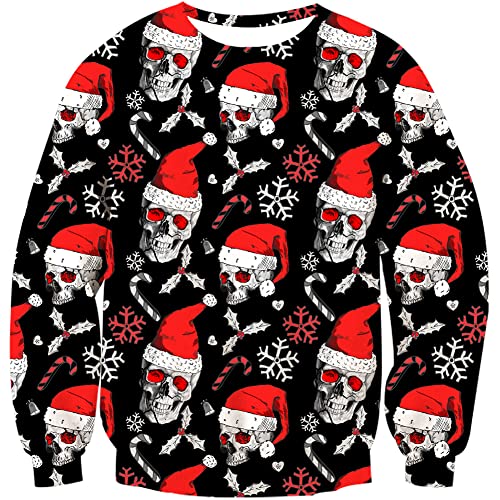 Loveternal Christmas Sweater Herren Ugly Weihnachtspullover Damen 3D Druck Hässliche Weihnachtsmütze Schädel Xmas Pullover Langarm Schneeflocke Jumper XXL von Loveternal