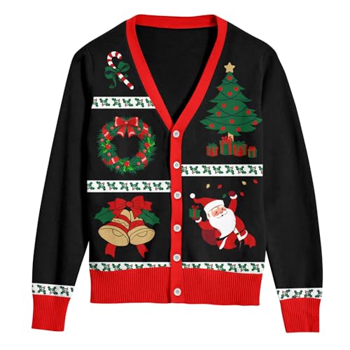 Loveternal Christmas Sweater für Herren Ugly Pullover V-Ausschnitt Cardigan Weihnachtstrickjacke Unisex Xmas Strickpullover Hässliche Neuheit Sweatjacke mit Knopfverschluss Schwarz XL von Loveternal
