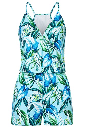 Loveternal Damen Jumpsuit Elegant Blatt V Ausschnitt Ärmellos Schulterfrei Kurz Overall Sommer Strand Einteiler Playsuit mit Taschen, XL von Loveternal