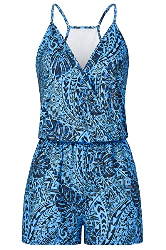 Loveternal Damen Jumpsuit Elegant Blau Blätter V Ausschnitt Ärmellos Schulterfrei Kurz Overall Sommer Strand Einteiler Playsuit mit Taschen, XL von Loveternal