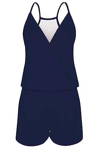 Loveternal Damen Jumpsuit Elegant Navy Blau V Ausschnitt Ärmellos Schulterfrei Kurz Overall Sommer Strand Einteiler Playsuit mit Taschen, XL von Loveternal