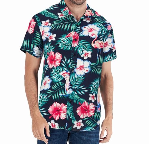 Loveternal Funky Hawaiihemd Herren Kurzarm Fronttasche Flamingo Blumen Hawaii-Print Strand Beach Palmen Diverse Farben L von Loveternal