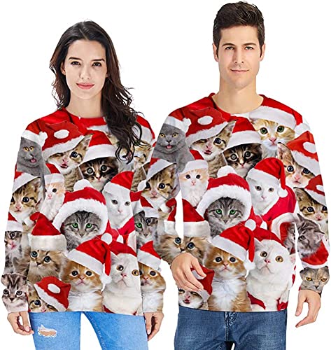 Loveternal Hässliche Weihnachtspullover Damen 3D Druck Ugly Christmas Sweater Langarm Xmas Pullover Cat Jumper L von Loveternal