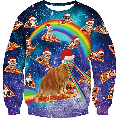 Loveternal Hässliche Weihnachtspullover Katze 3D Druck Ugly Christmas Sweater Pizza Langarm Xmas Pullover Weihnachtsmütze Jumper S von Loveternal