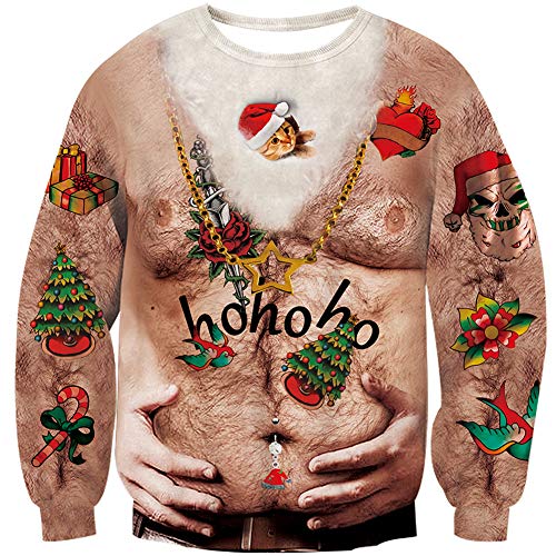 Loveternal Hässliche Weihnachtspullover Lustig 3D Druck Ugly Christmas Sweater Langarm Xmas Pullover Hairy Chest Jumper S von Loveternal