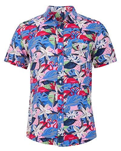 Loveternal Hawaii Hemd Männer 3D Floral Blumenmuster Baumwolle Kurzarm Hawaiihemd Sommer Freizeithemden für Herren Casual Urlaub Hemd Reise Shirt L, Flamingo von Loveternal