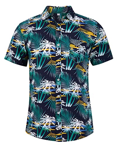 Loveternal Hemd Herren Kurzarm Dunkelblau Hawaii Hemd Männer Sommer Baumwolle Aloha Blumenmuster Freizeithemden für Herren Casual Floral Hawaiihemd Funky Strand Beilaufig M, Palme von Loveternal