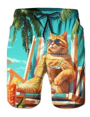 Loveternal Herren Badeshorts 3D Lustig Katze Surfen Druck Boardshorts Schnelltrocknend mit Mesh-Futter und Verstellbarem Tunnelzug XXL von Loveternal